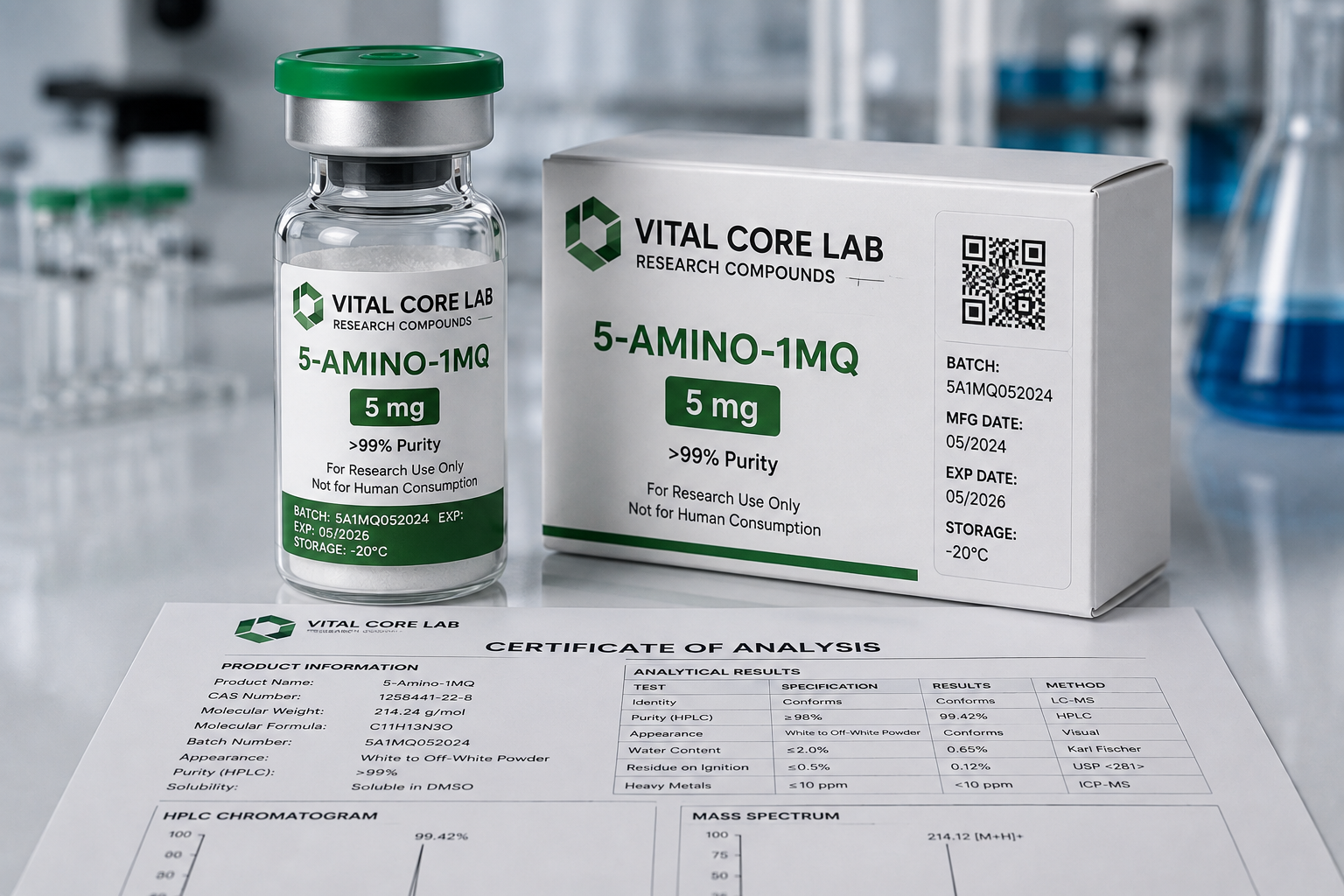 5-Amino-1MQ 5 mg research compound vial with green cap from Vital Core Lab