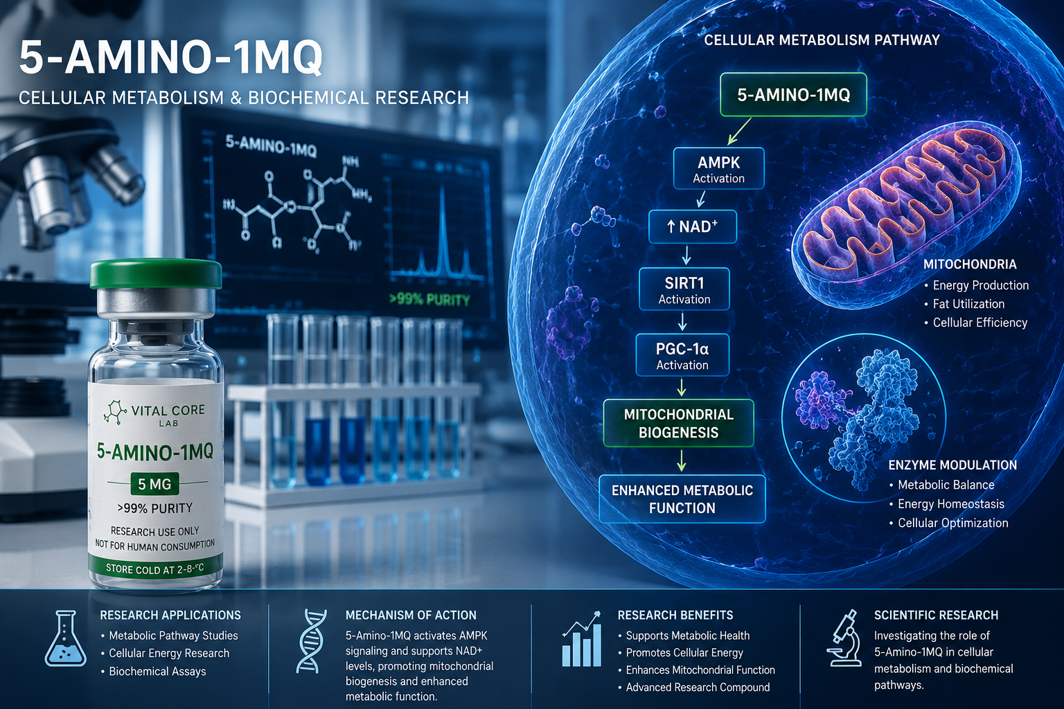 5-Amino-1MQ cellular metabolism and biochemical research with laboratory equipment and molecular pathway visualization