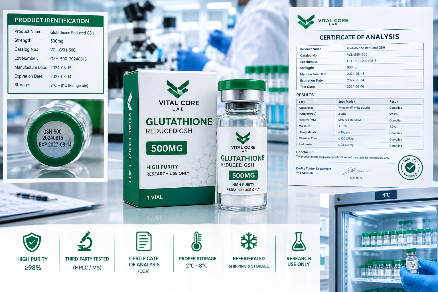 Glutathione GSH quality documentation and laboratory storage information