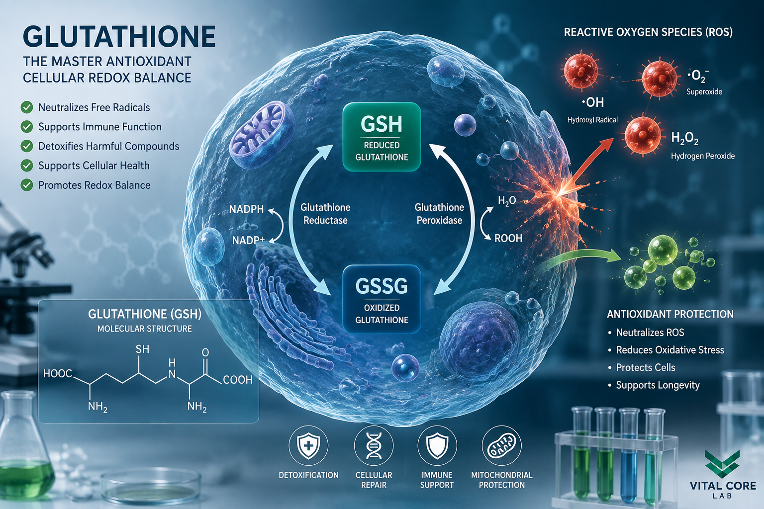 Glutathione GSH cellular redox and antioxidant research illustration