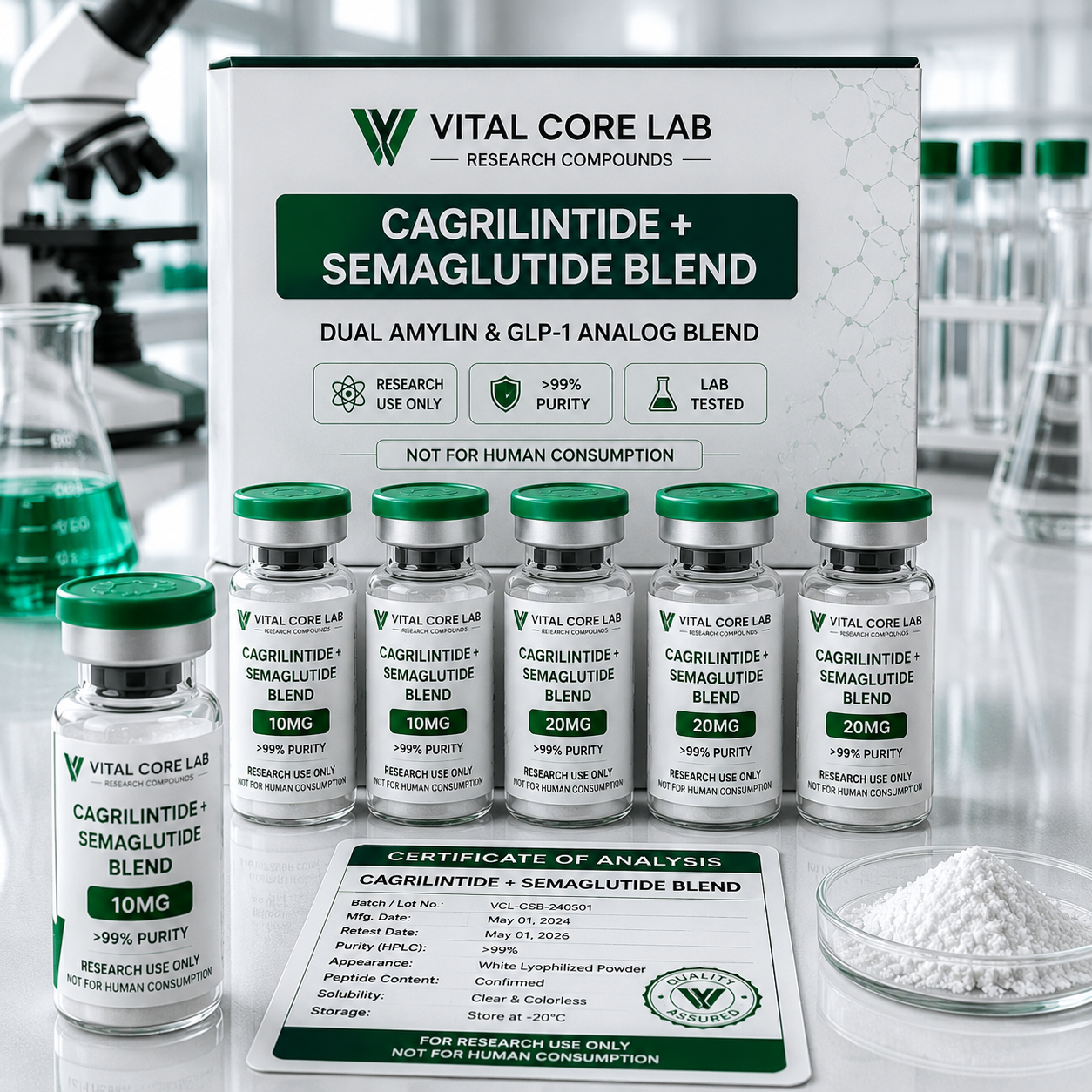 Cagrilintide and Semaglutide Blend research vials with premium laboratory packaging