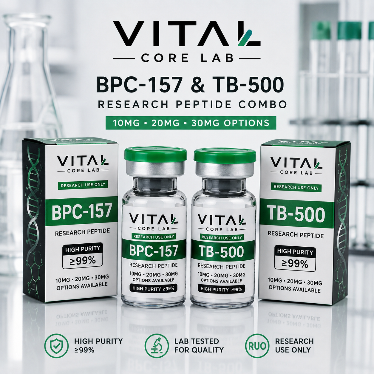 BPC-157 and TB-500 combo research peptide vials with green lids, available in 10mg, 20mg, and 30mg options