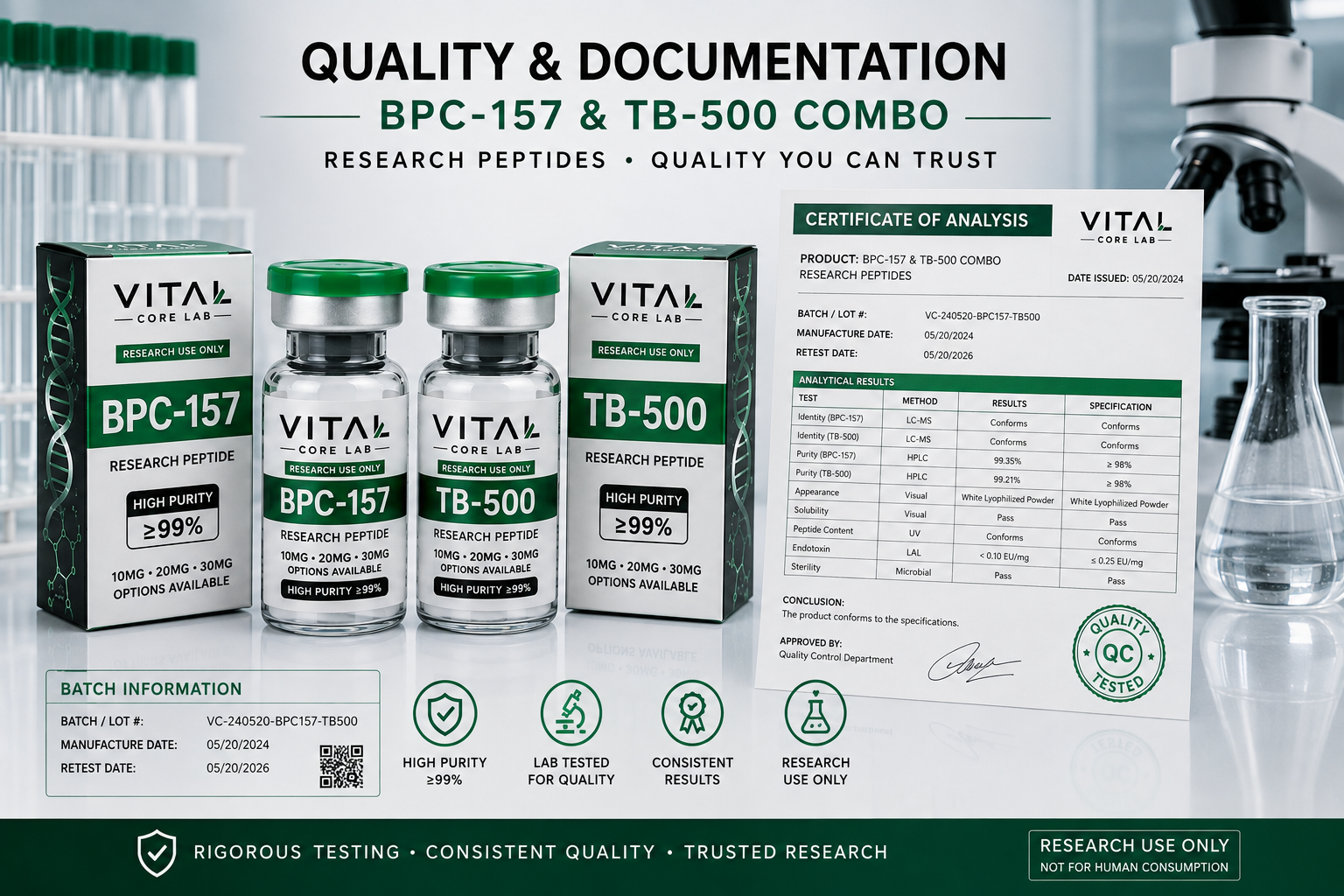 BPC-157 and TB-500 combo quality documentation with research peptide vials, batch information, and certificate of analysis