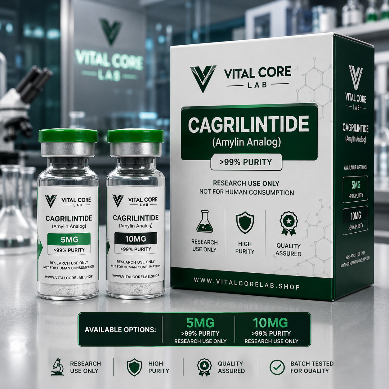 Cagrilintide 5mg and 10mg high purity peptide research vials with green lids