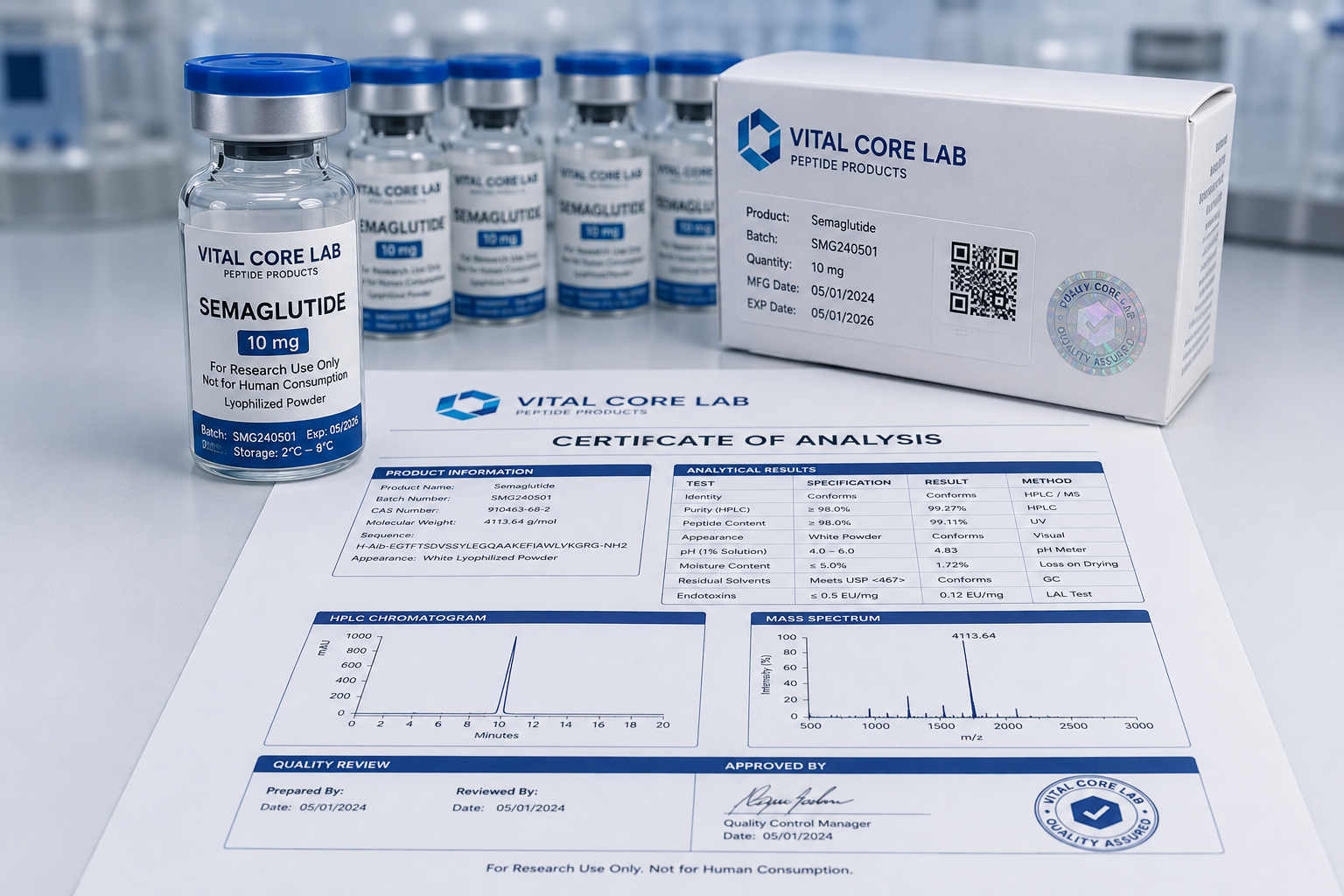 Vital Core Lab peptide product vial with batch identification and quality documentation