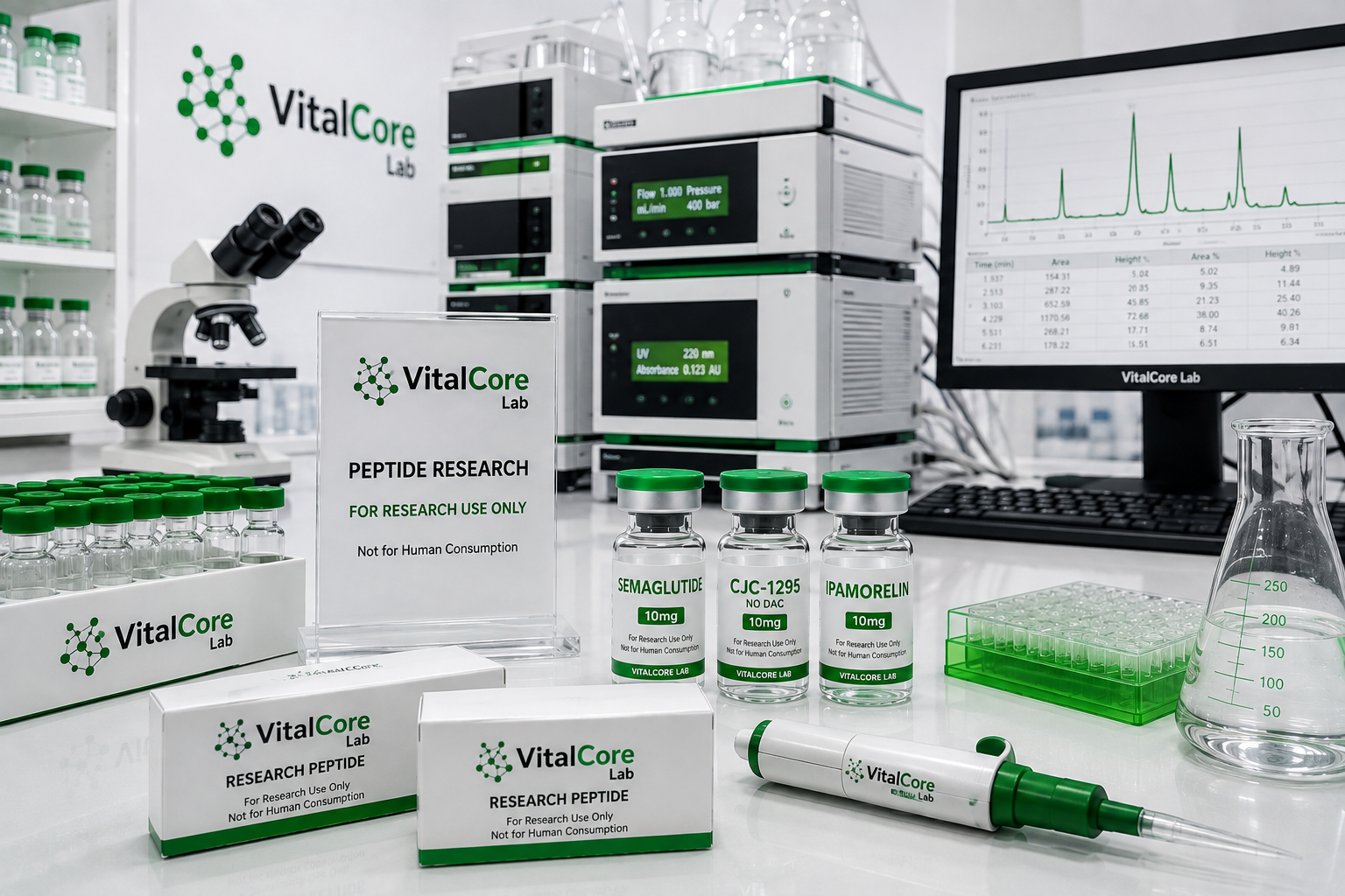 VitalCore Lab green-capped peptide research vials and laboratory workstation