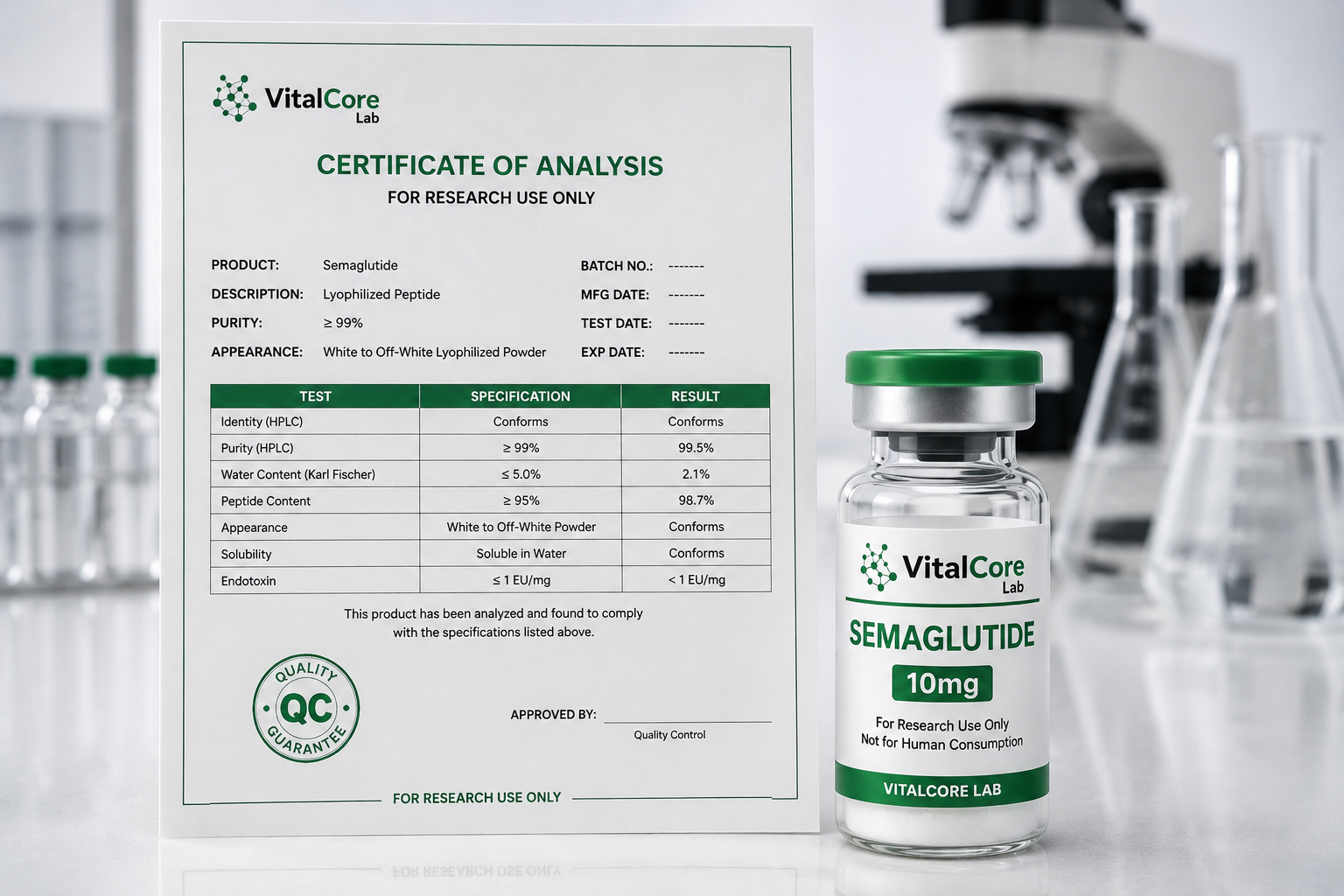 VitalCore Lab certificate of analysis beside a green-capped semaglutide research vial