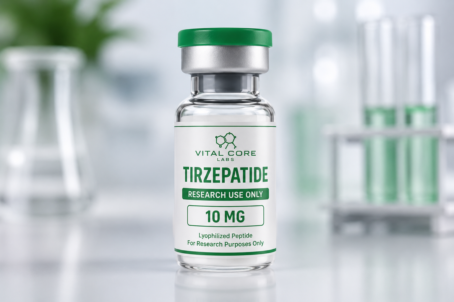 Tirzepatide research vial with green cap and green laboratory label