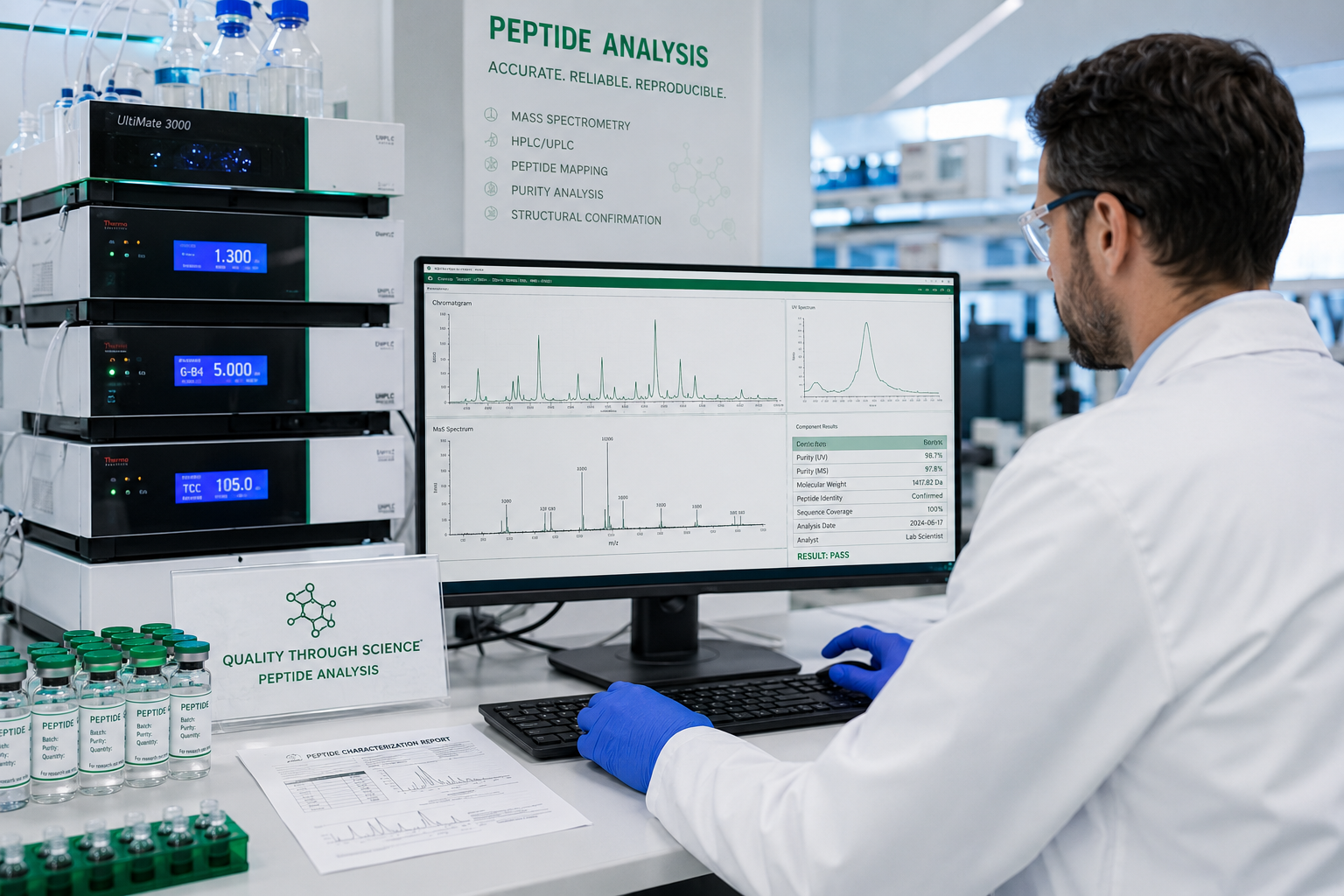 Peptide analytical laboratory with chromatography equipment, sample vials, and research data