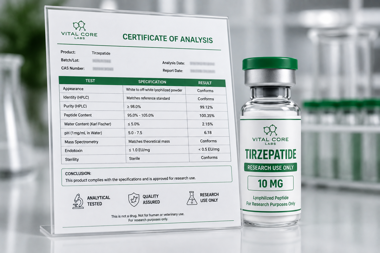 Certificate of analysis beside a Tirzepatide research vial in a laboratory setting