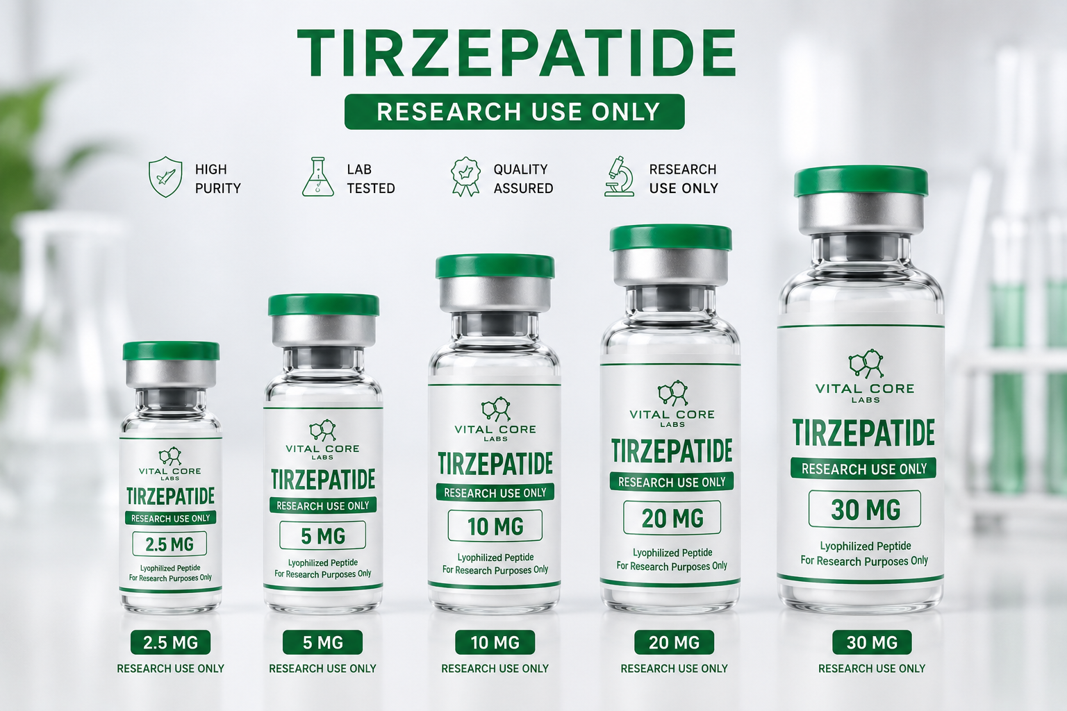 Multiple Tirzepatide research vials in different sizes with green caps and labels