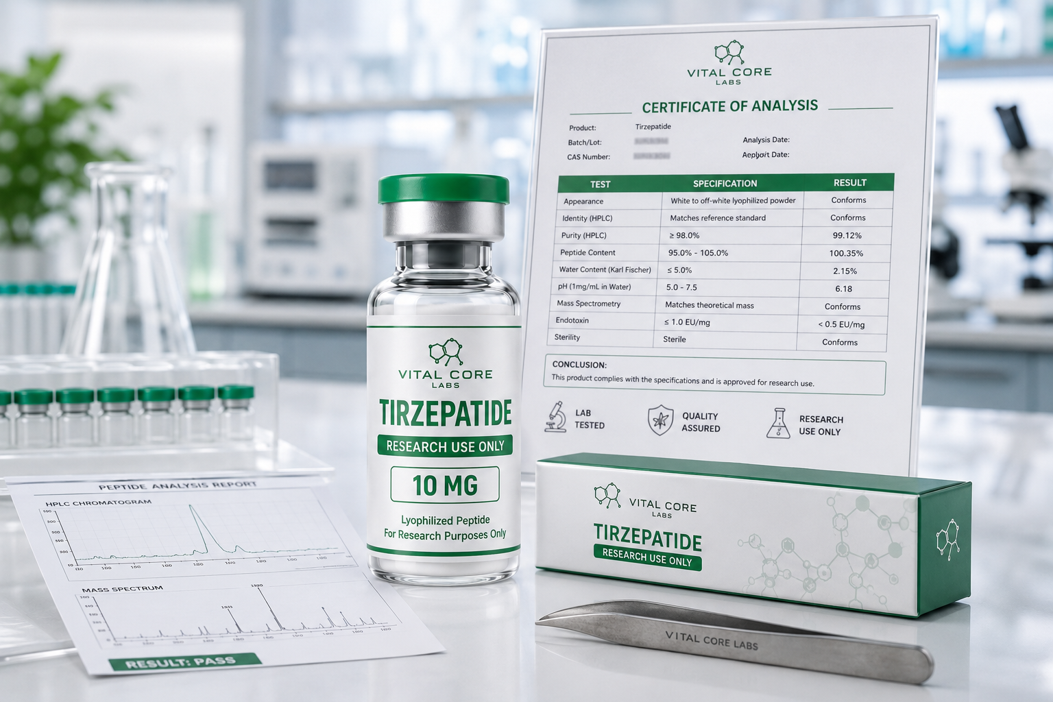 Premium Tirzepatide research vial with analytical documentation and laboratory equipment
