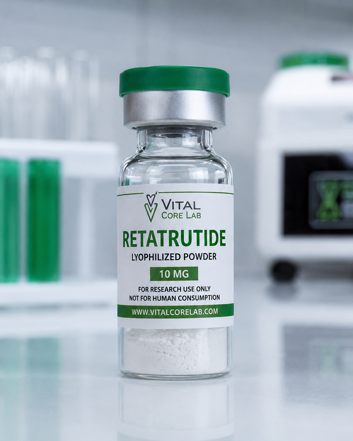 Retatrutide lyophilized powder research vial in a professional laboratory setting