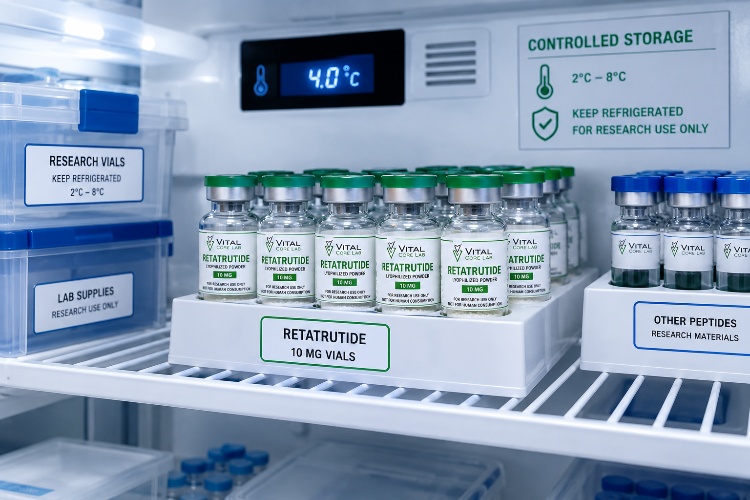 Retatrutide research vials organized in a controlled laboratory refrigerator