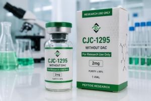 CJC-1295 Without DAC research vial with green cap and labeled 2mg packaging in a clean laboratory setting