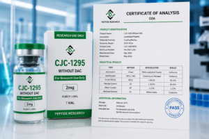CJC-1295 Without DAC research vial displayed beside a Certificate of Analysis document in a laboratory setting