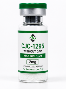 A close-up image of a clear glass medical vial with a green cap, containing white lyophilized powder at the bottom. The white label features a green logo and text that reads "CJC-1295 WITHOUT DAC Mod GRF 1-29 2mg LYOPHILIZED PEPTIDE For Research Use Only".