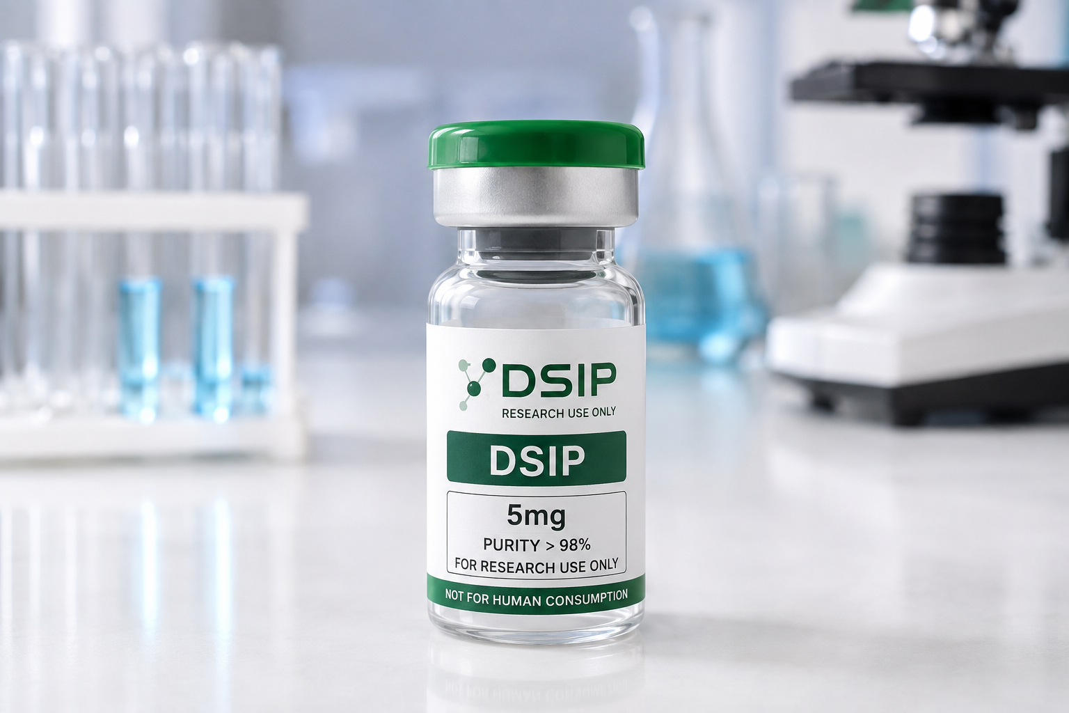 DSIP research peptide vial with green cap displayed in a clean laboratory setting.