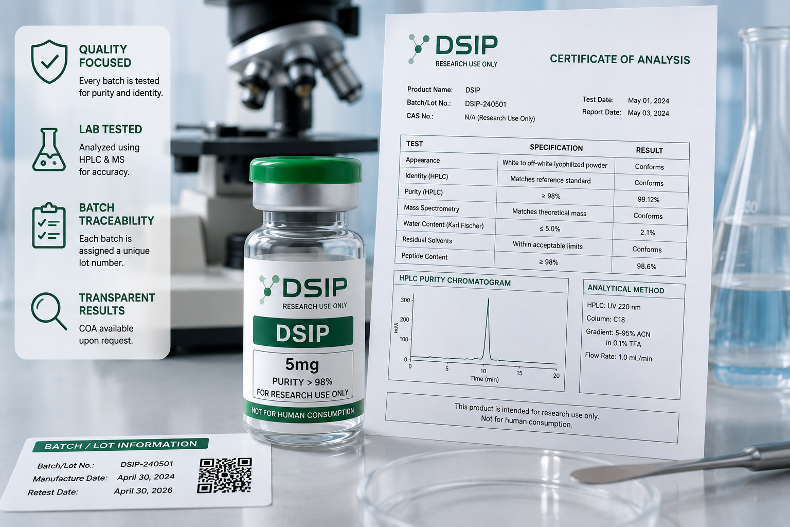 DSIP research peptide vial alongside a COA-style quality document, batch identification, and laboratory analytical testing equipment.