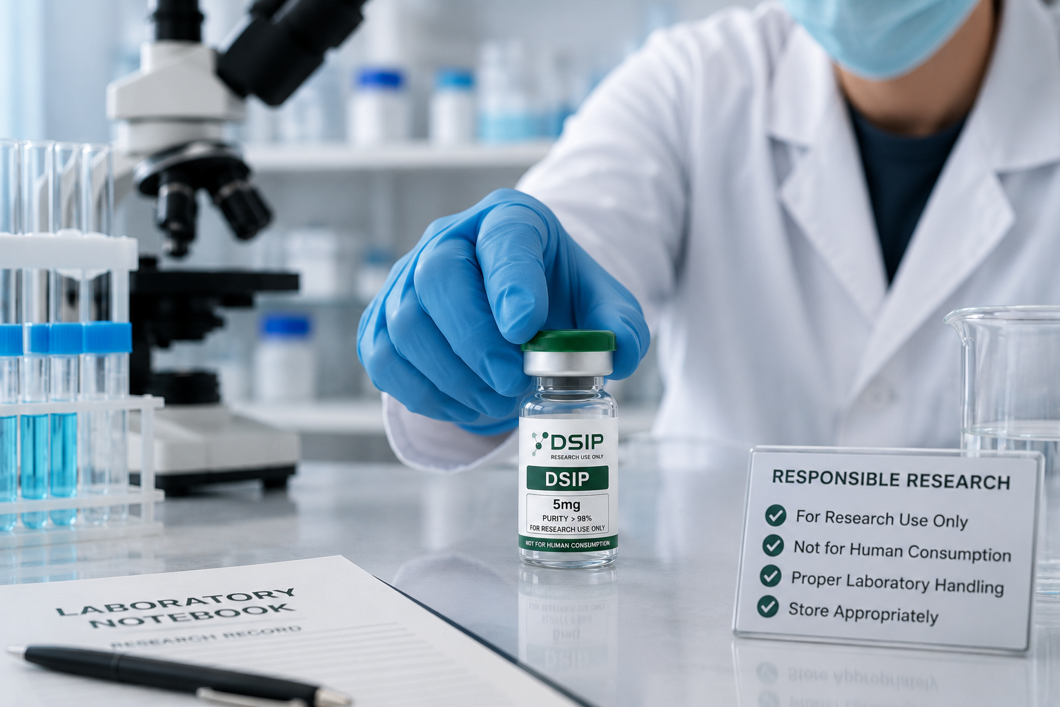 Researcher wearing laboratory gloves handling a DSIP research peptide vial in a clean laboratory workspace.