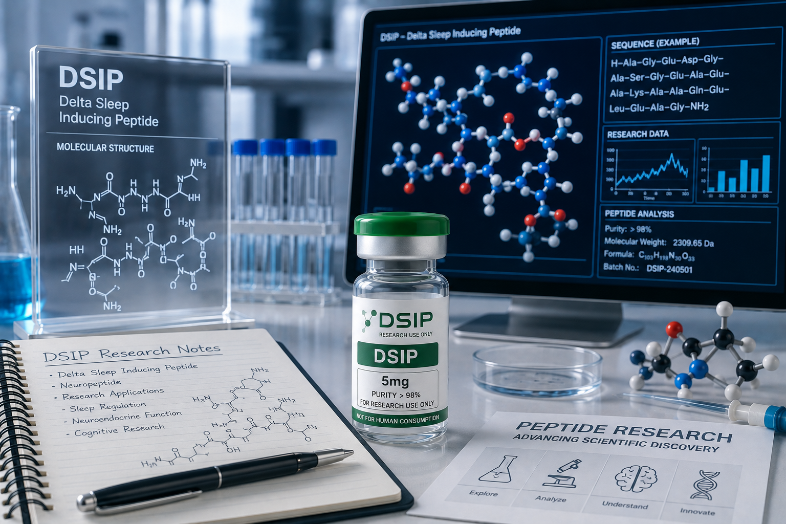 DSIP research peptide vial displayed with molecular structure illustrations, research notes, and scientific data on a laboratory workstation.