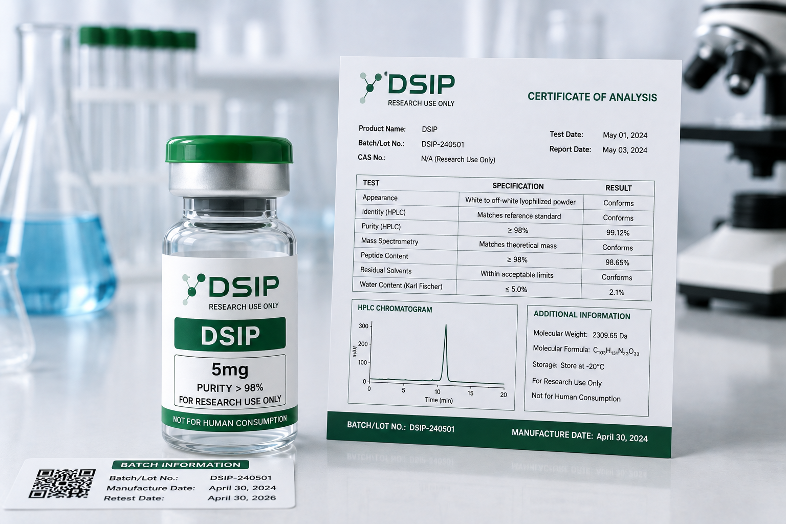DSIP research peptide vial with green cap displayed beside batch identification and COA-style analytical documentation in a laboratory setting.