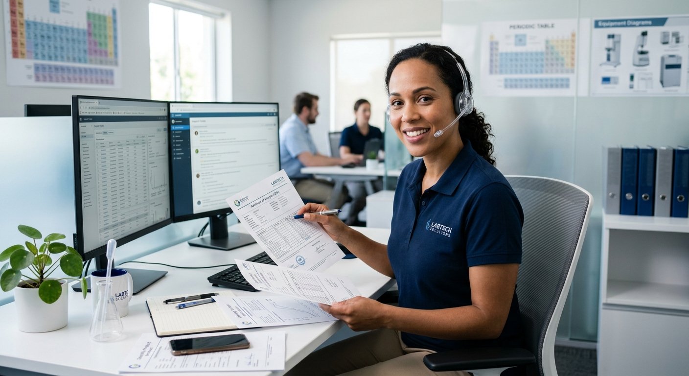 Customer Support Representative Reviewing Lab Documents and Product Records
