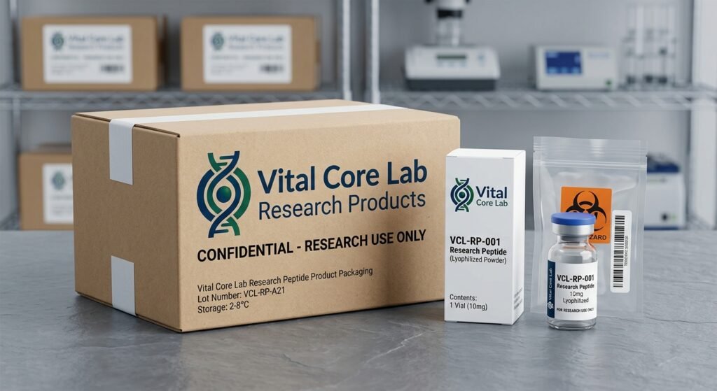 Professional product packaging for Vital Core Lab research peptides and chemicals, including a large cardboard shipping box and a smaller white carton, with the Vital Core Lab logo and text: Vital Core Lab, Research Products, Confidential – Research Use Only, Storage 2-8°C, along with product codes (VCL-RP-A21 and VCL-RP-001), contents (1 vial 10mg) and lot number. A small blue-capped vial labeled with the Vital Core Lab logo, VCL-RP-001 Research Peptide, and 10mg, is shown next to the carton.
