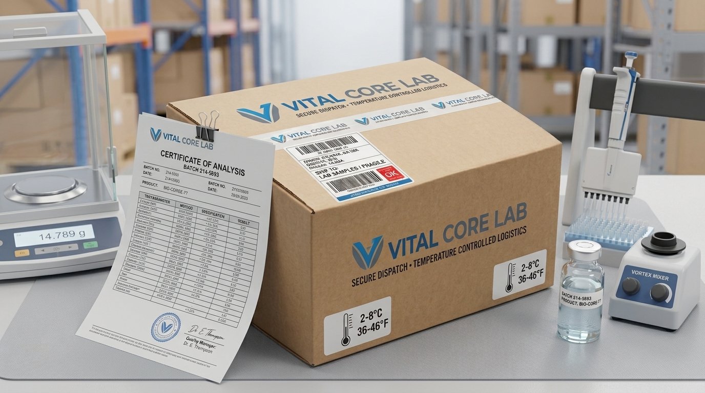 A official Certificate of Analysis document sitting on a laboratory workbench next to a Vital Core Lab shipping box, precision analytical balance scale, clear liquid sample vial, pipette, and vortex mixer.