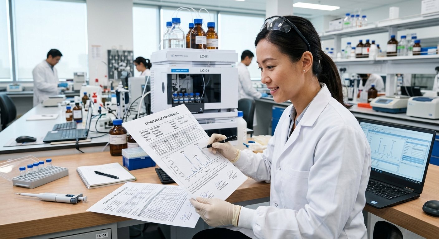 Scientist Reviewing Certificate of Analysis and HPLC Chromatogram