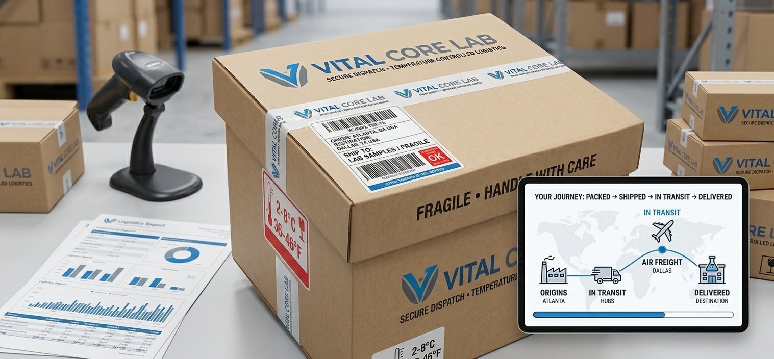 Vital Core Lab package with tracking label, barcode scanner, and tablet displaying a shipment journey route.