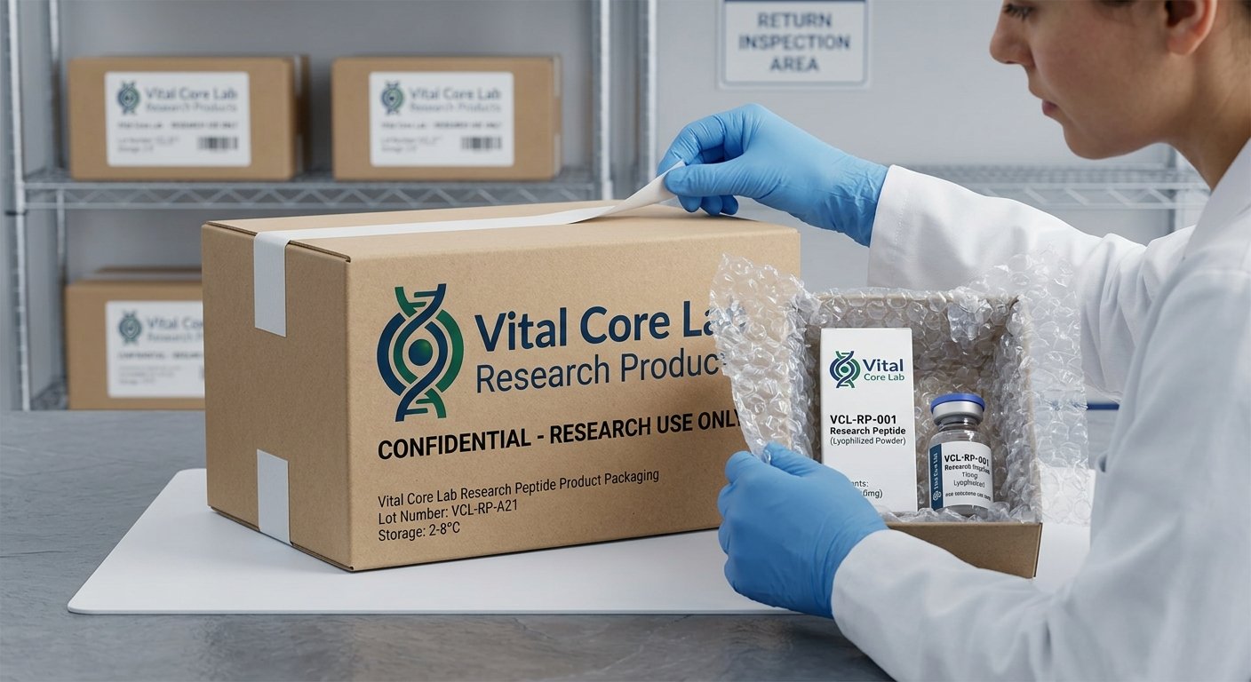 A scientist, wearing blue nitrile gloves and a white lab coat, carefully lifts the white packaging tape to unbox a brown cardboard shipping box labeled "Vital Core Lab Research Products." Inside the box, which is filled with bubble wrap, a smaller white carton labeled "VCL-RP-001 Research Peptide (Lyophilized Powder)" and a glass vial with a blue cap can be seen. On the metal shelving in the background, more sealed Vital Core Lab boxes are visible, along with a sign that reads "RETURN INSPECTION AREA."