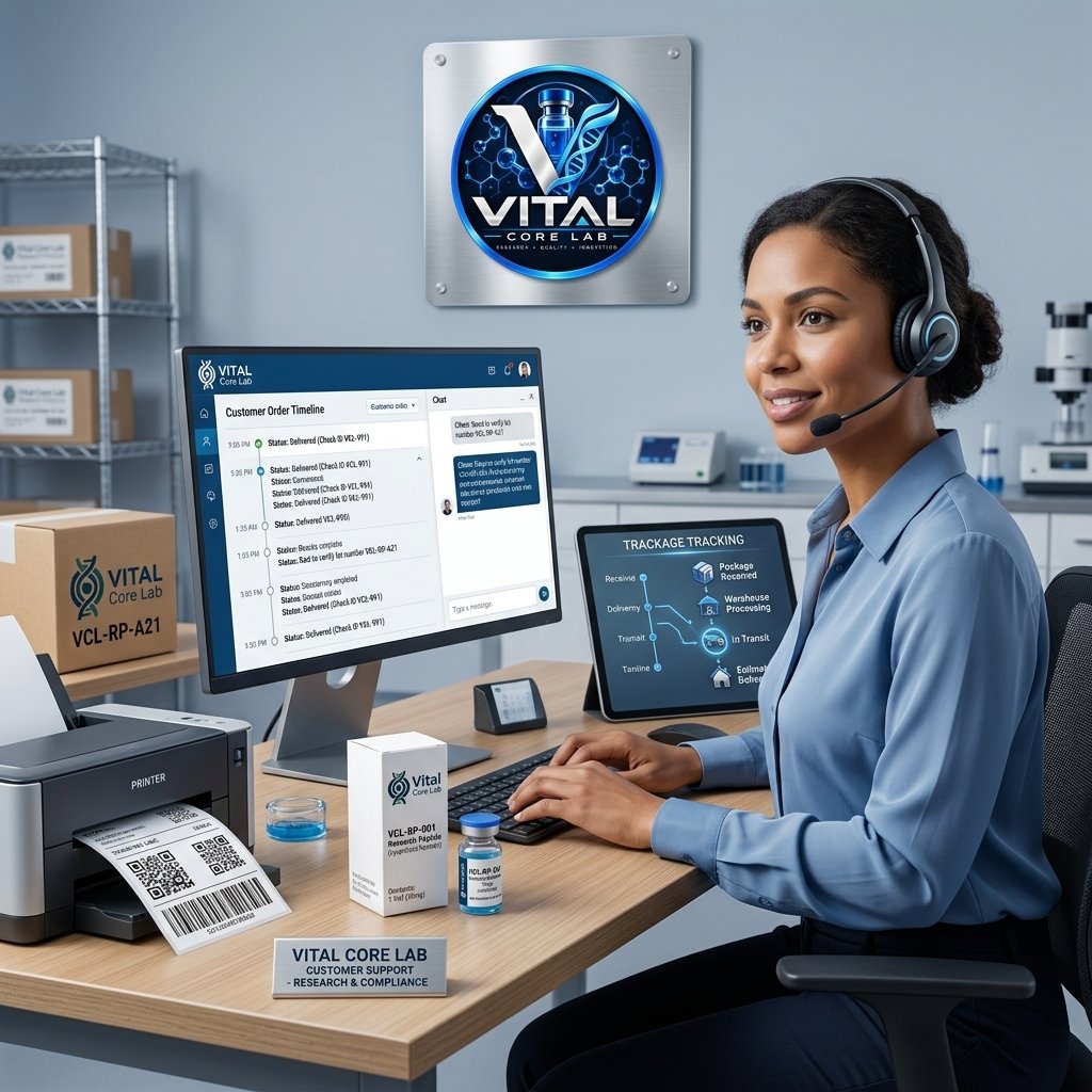 A Vital Core Lab customer support specialist, wearing a headset, types at a desk equipped with a computer, printer, and digital tablet. She is surrounded by VCL research product packaging, including boxes and vials. Her monitor displays an active order timeline and chat interface, while the tablet shows package tracking progress. The central circular VCL logo plaque is mounted on the wall.