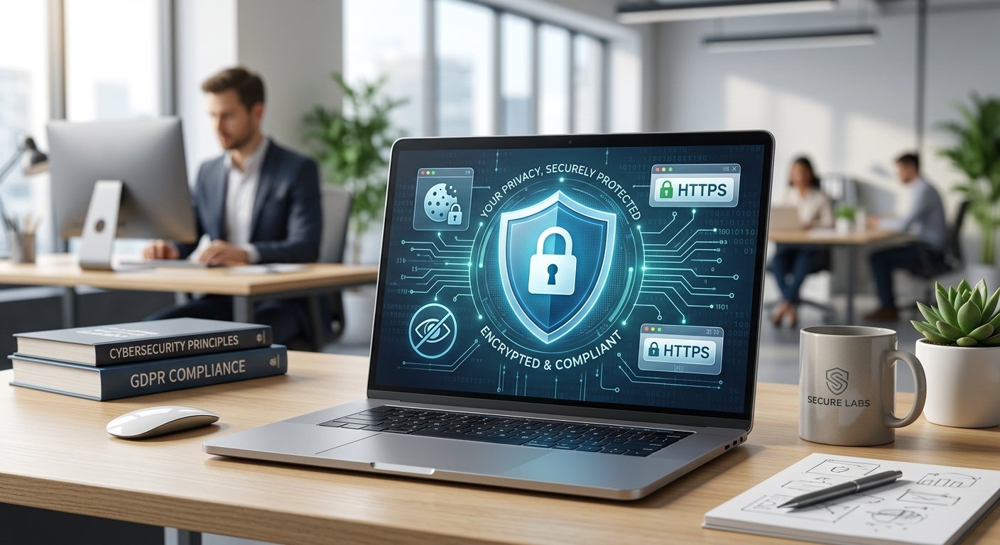 Website Security and Data Privacy Shield Illustration on Laptop Screen