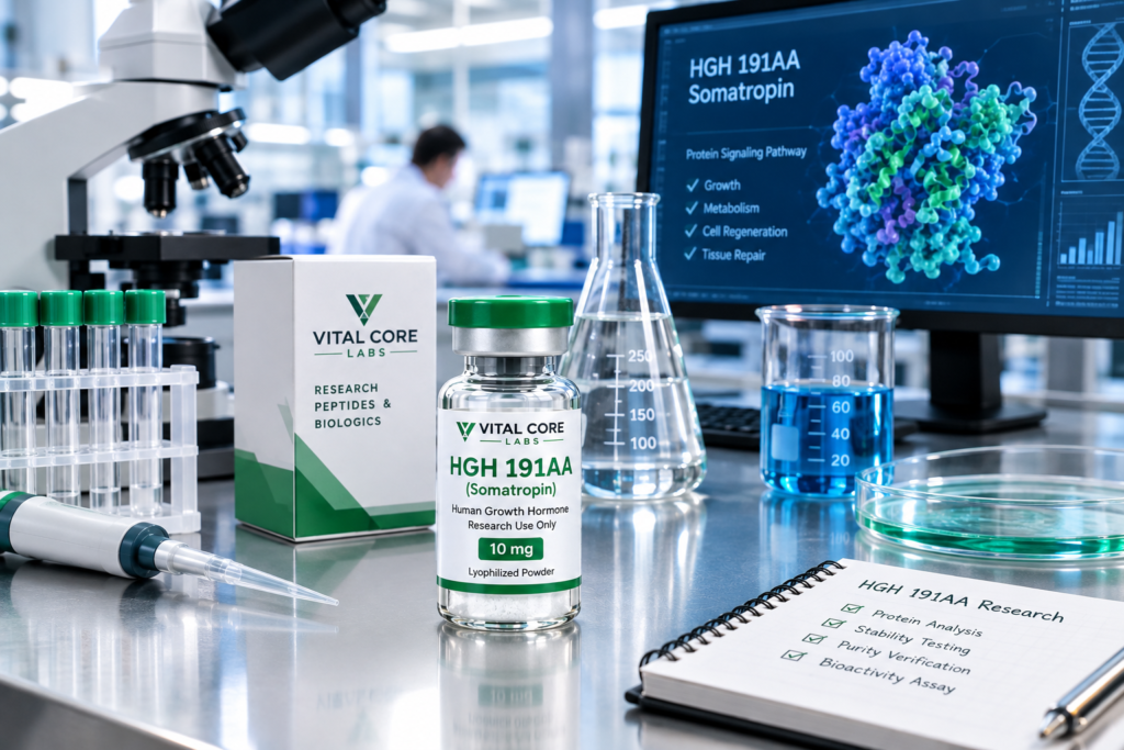 Vital Core Labs HGH 191AA Somatropin 10mg research peptide vial and box set in a modern laboratory setting.