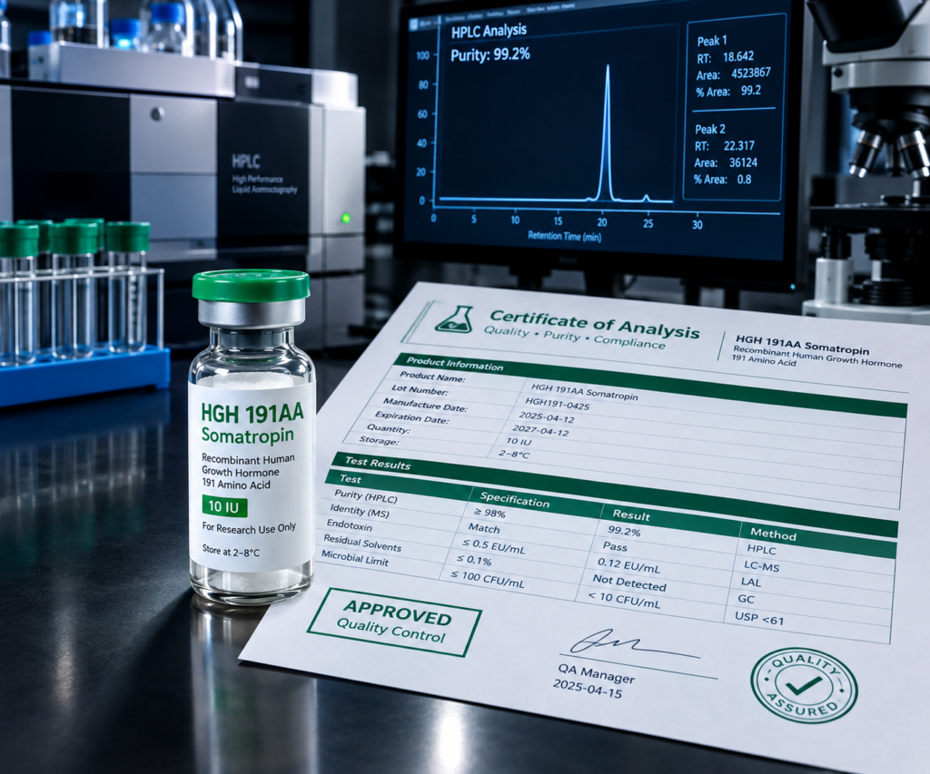 HGH 191AA Somatropin vial displayed beside a Certificate of Analysis and HPLC purity testing equipment in a professional laborator