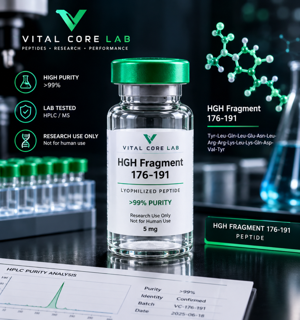 A close-up promotional product image of a Vital Core Lab HGH Fragment 176-191 vial (5mg) with a green lid, surrounded by QC icons, molecular graphics, and an HPLC purity report.