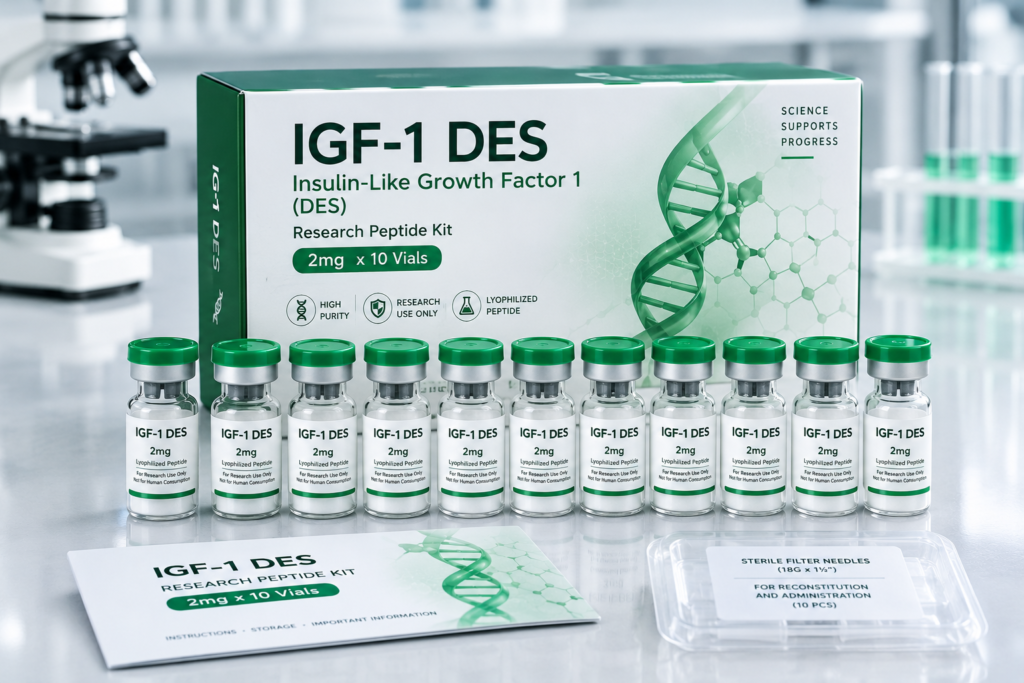 IGF-1 DES Peptide 2mg 10 vial kit green lid laboratory presentation