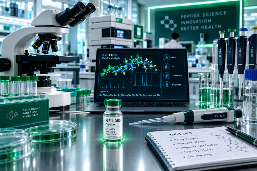 IGF-1 DES Peptide laboratory research setup with vial