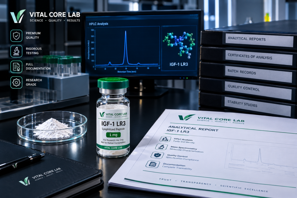 IGF-1 LR3 peptide vial beside analytical documentation and laboratory quality-control materials.