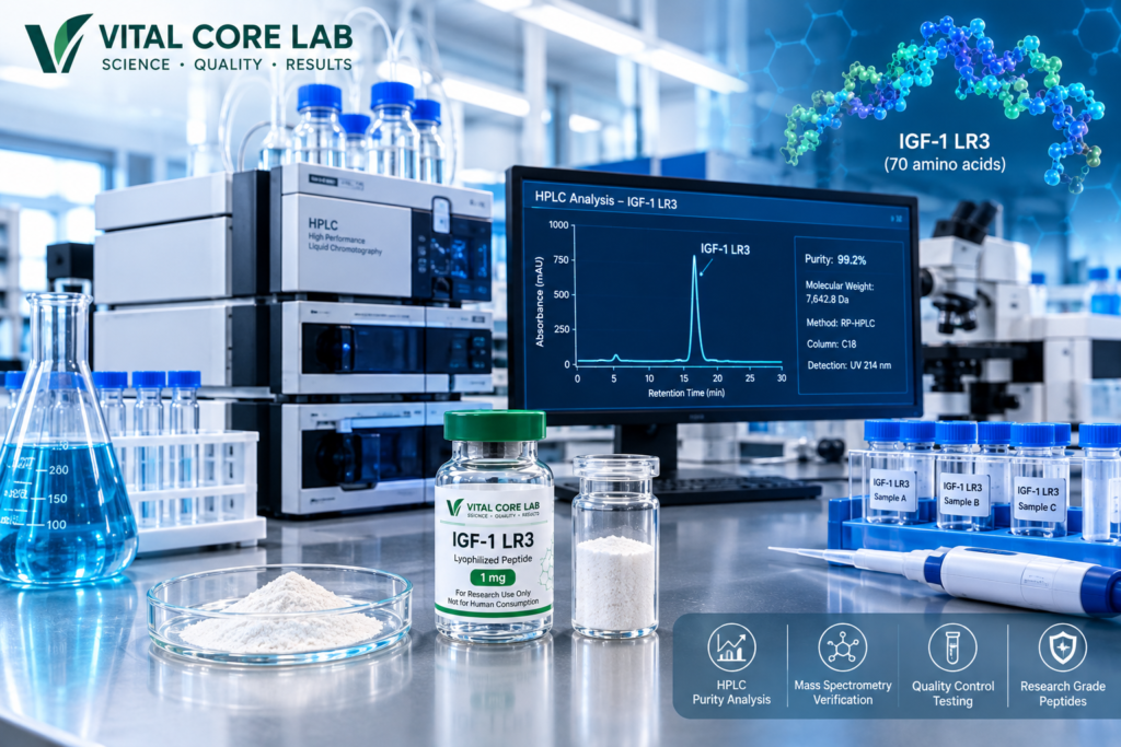 IGF-1 LR3 peptide vial and laboratory samples shown beside analytical chromatography equipment.