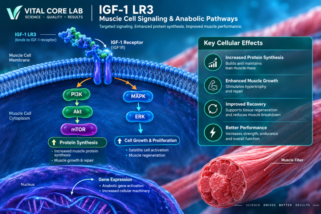 Scientific illustration showing IGF-1 LR3 receptor signaling and intracellular pathways in muscle cells.