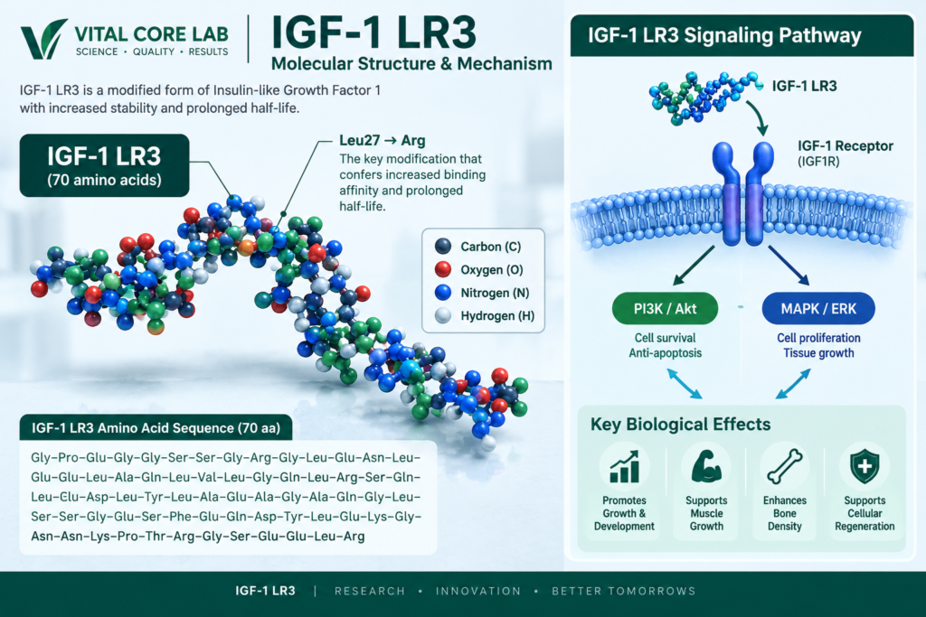 Scientific illustration of IGF-1 LR3 molecular structure, amino acid sequence, and cellular signaling pathways.
