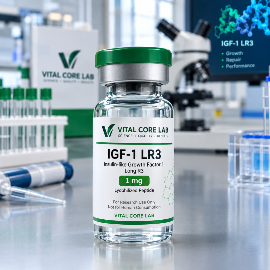 Premium Vital Core Lab IGF-1 LR3 peptide vial displayed in a professional laboratory setting.