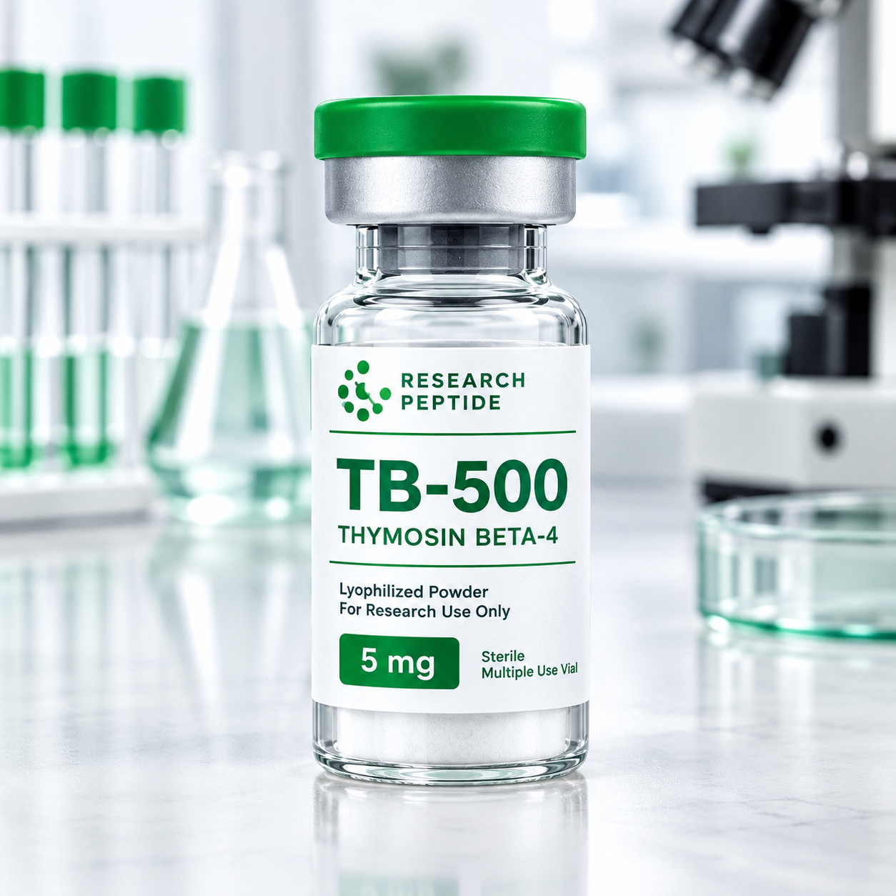 TB-500 research peptide vial with green cap and green label text in a clean professional laboratory setting.