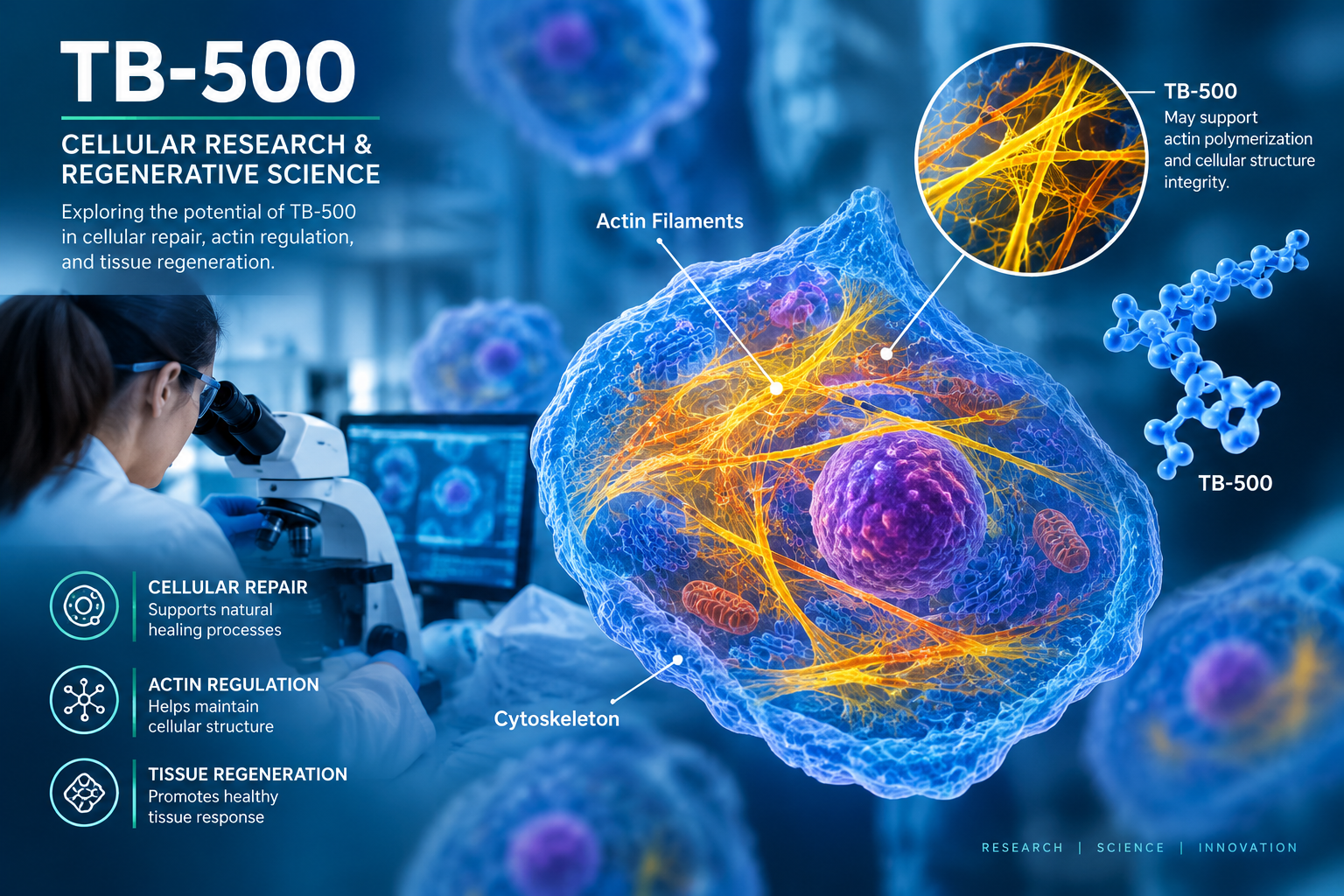 TB-500 cellular research concept showing a microscopic cell, actin filaments, cytoskeleton structures, and a researcher using a laboratory microscope.