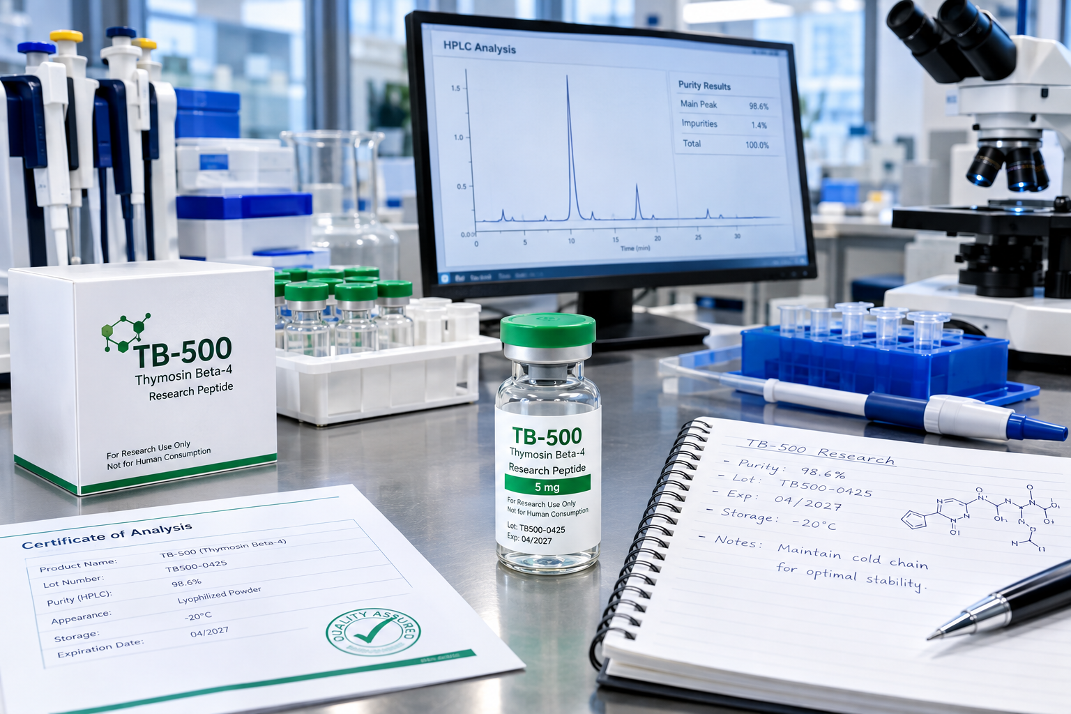 Professional TB-500 research laboratory workspace featuring analytical equipment, sample containers, research documentation, and scientific instruments.