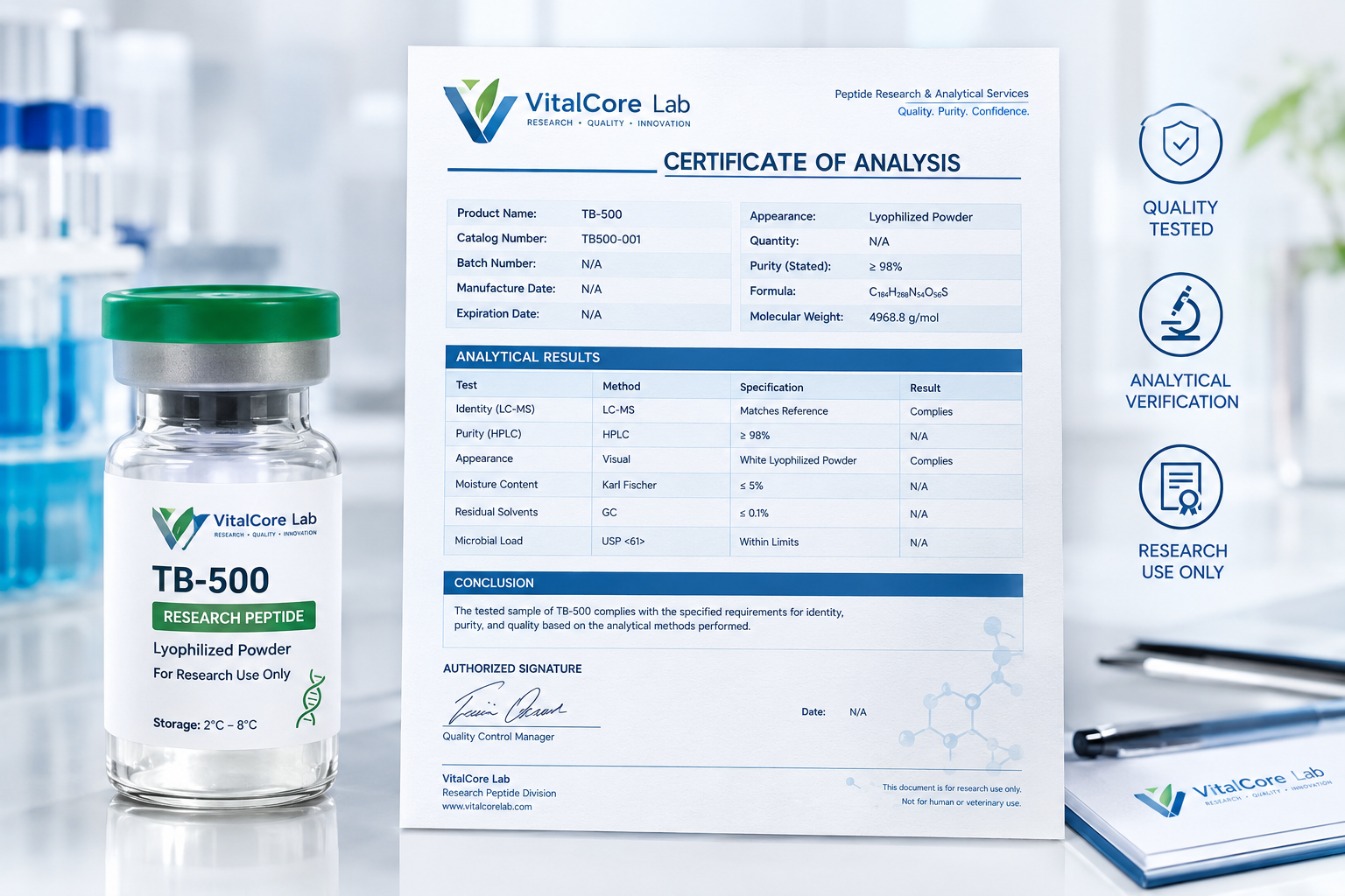 TB-500 research peptide vial displayed beside a Certificate of Analysis and analytical report in a professional laboratory setting.