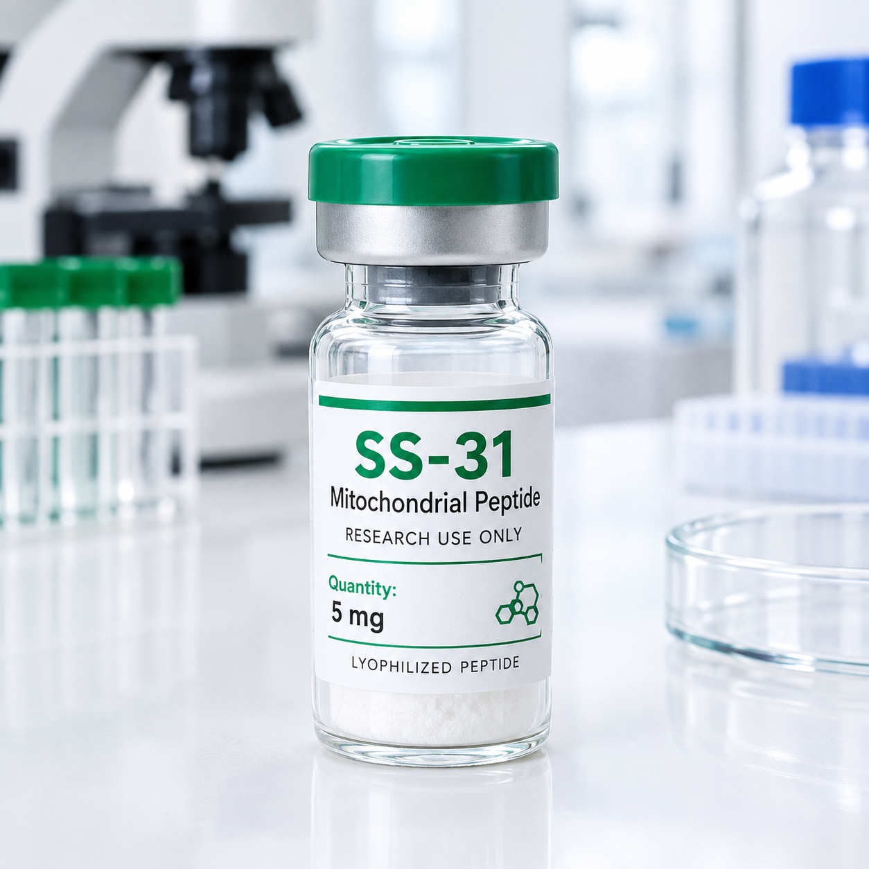 SS-31 mitochondrial peptide research vial with green cap