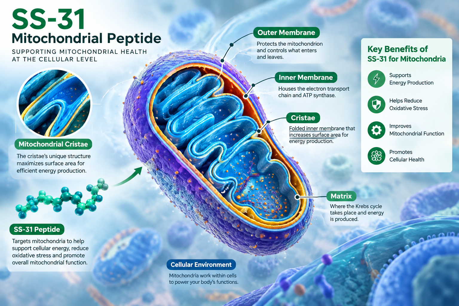SS-31 mitochondrial peptide research illustration showing mitochondrion structure